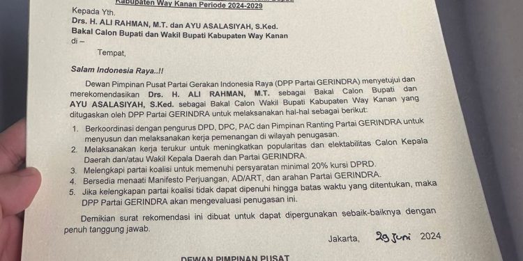 Terima Rekomendasi Partai Gerindra, Pasangan BalonBup Ali Rahman dan Balon Wabup Ayu Asalasiyah Resmi Melenggang
