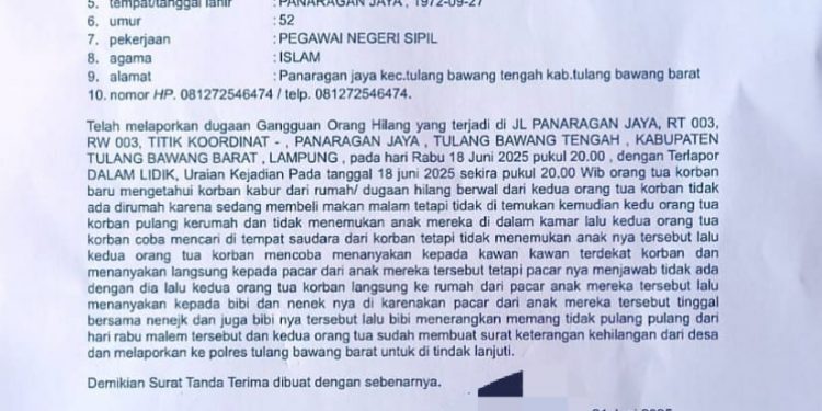 Gadis Asal Panaragan Jaya Diduga Dibawa Kabur Pria Asal Kabupaten Tetangga, Keluarga Lapor Polisi